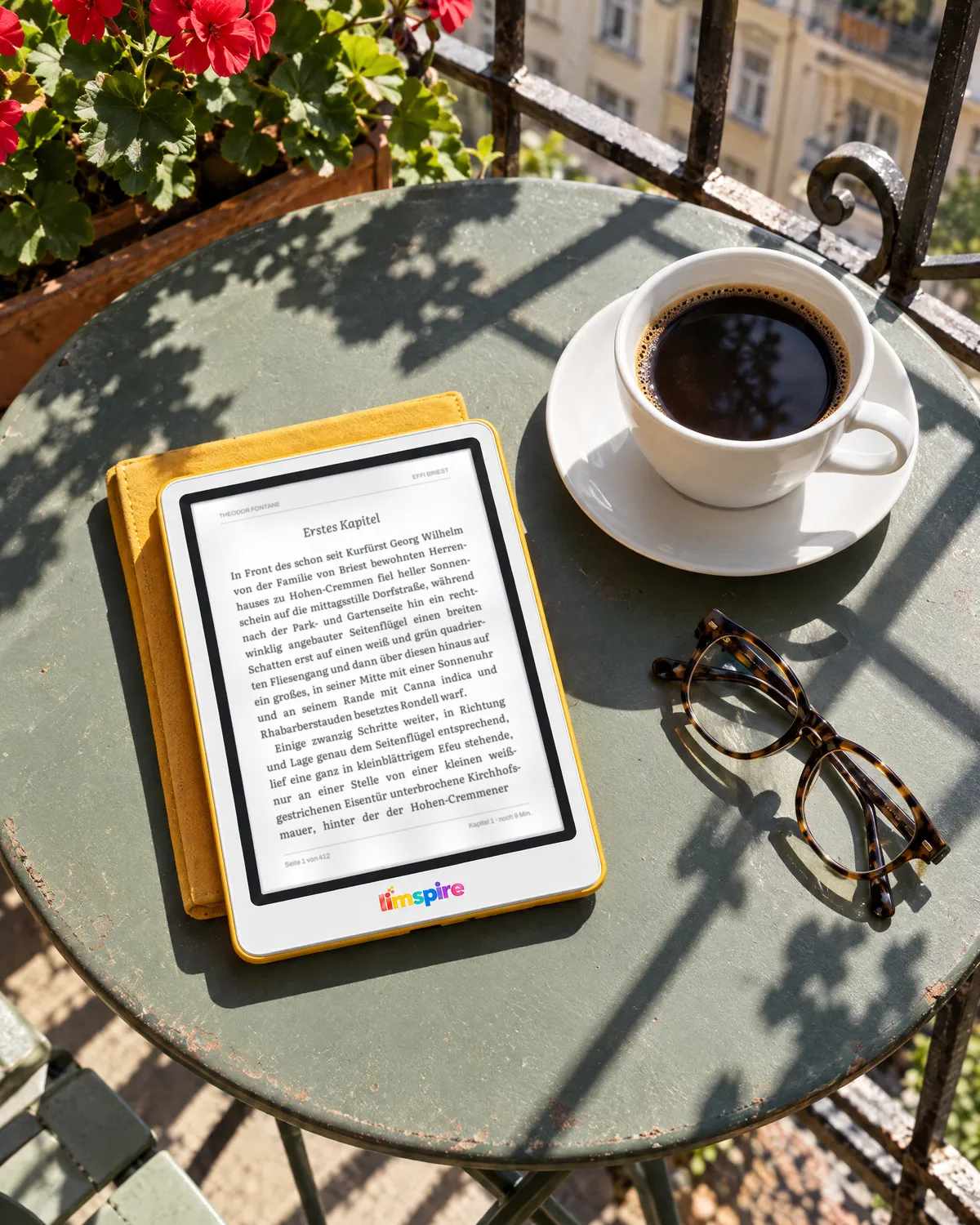 limspire E-Reader in gelber Hülle auf einem Balkontisch in der Morgensonne, daneben Kaffee und Lesebrille