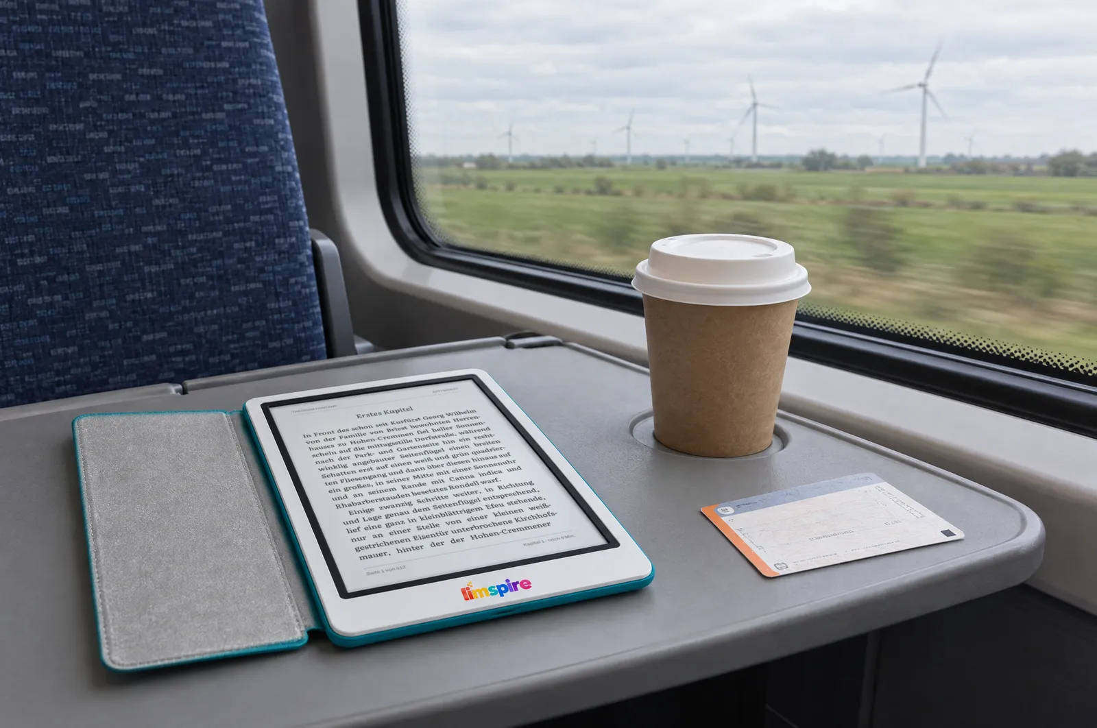 limspire E-Reader in petrolfarbener Hülle auf dem Klapptisch eines Regionalzugs, draußen Felder und Windräder