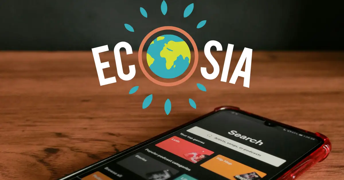 A smartphone displaying the Ecosia search engine app, with the Ecosia logo and a tree icon in the background.