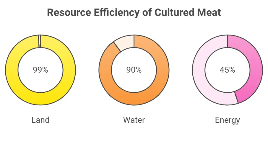 A comparison of resource efficiency between cultured meat and conventional beef production. Pie charts show the significant reduction in land, water, and energy usage with cultured meat.