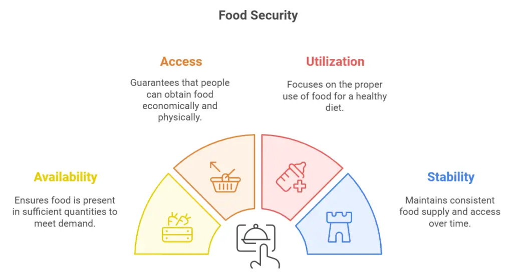 A diagram illustrating the four pillars of food security: availability, access, utilization, and stability. Each pillar is represented by an icon and a brief description.