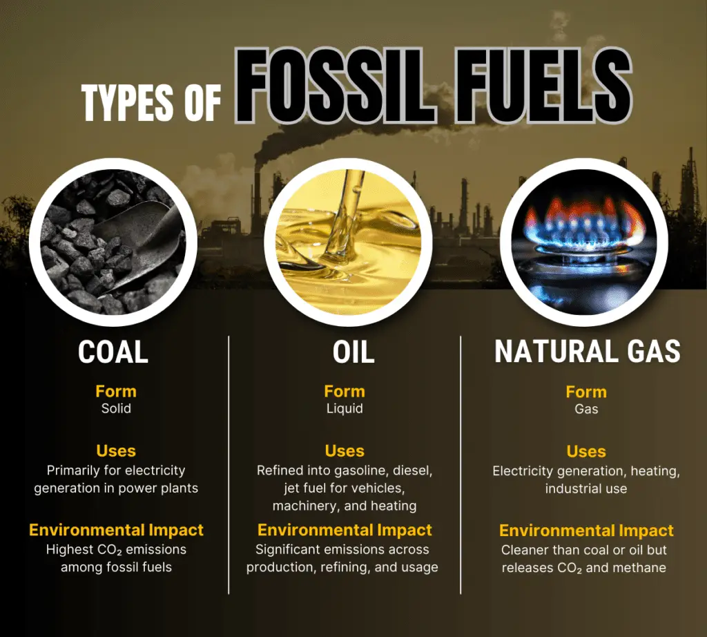 An infographic illustrating the three main types of fossil fuels: coal, oil, and natural gas. The infographic shows their forms, uses, and environmental impacts.