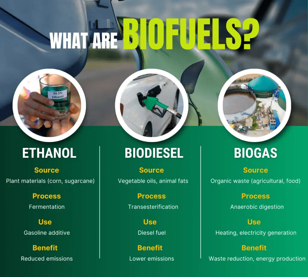 An infographic explaining the different types of biofuels, including ethanol, biodiesel, and biogas. The infographic shows their sources, processes, uses, and benefits.